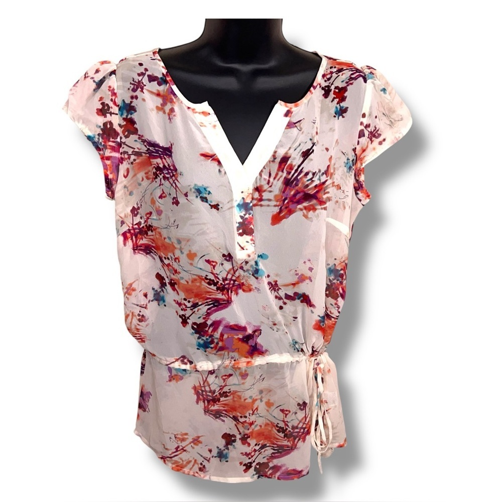 Small Ana Ivory White Pink Floral Short Sleeve Blouse Gathered Waist Vneck